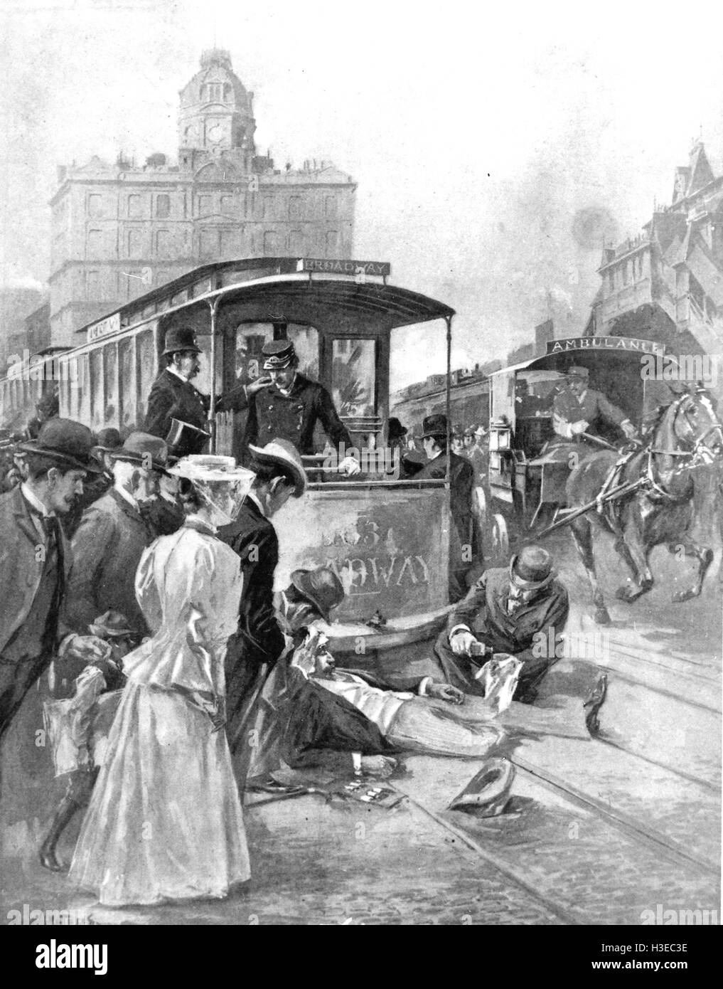 BROADWAY ACCIDENT  Tram railway incident in New York about 1905 Stock Photo