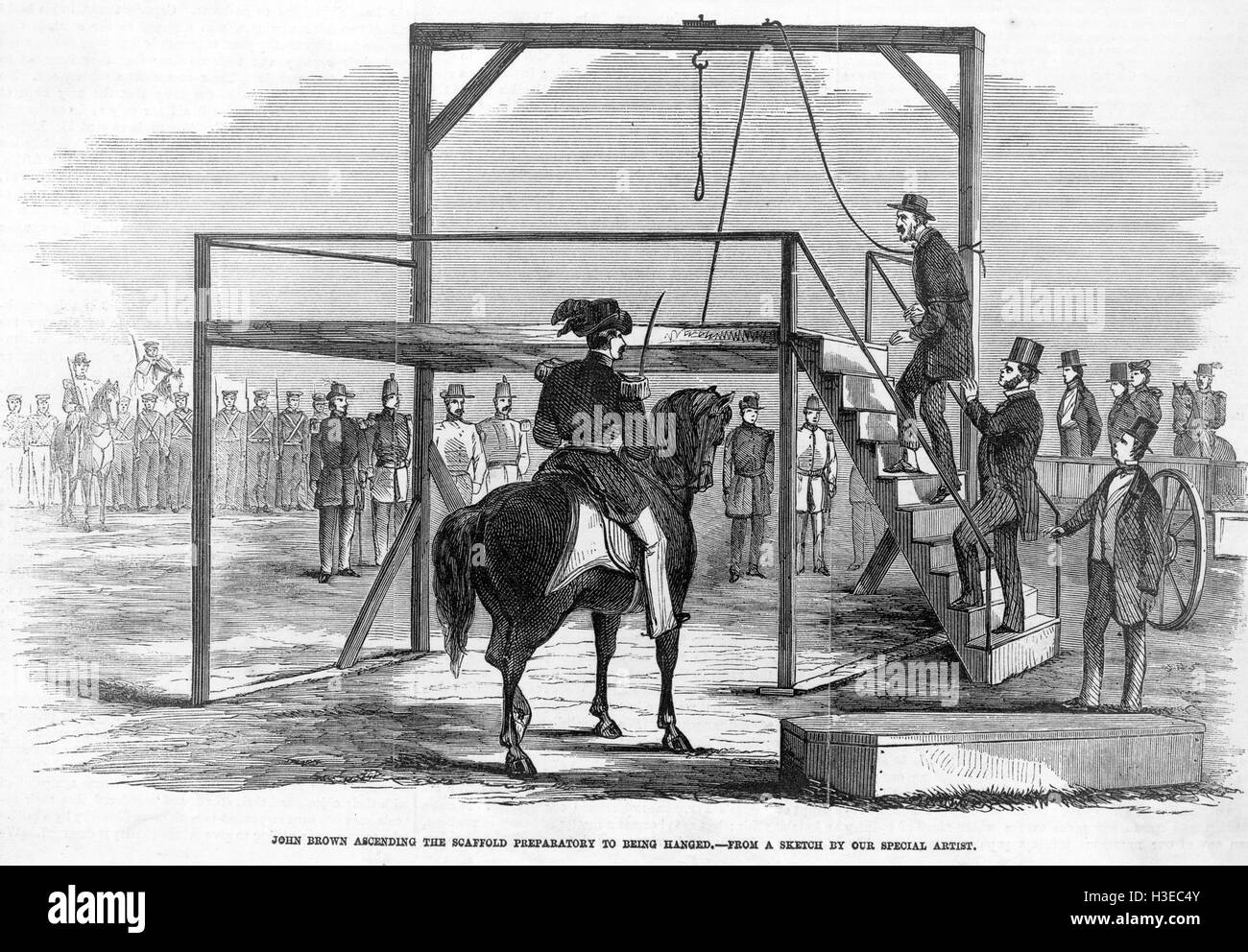 JOHN BROWN (1800-1859) being executed near Jefferson County Jail, Virginia, 2 December 1859 as shown in Frank Leslie's Illustrated Newspaper Stock Photo