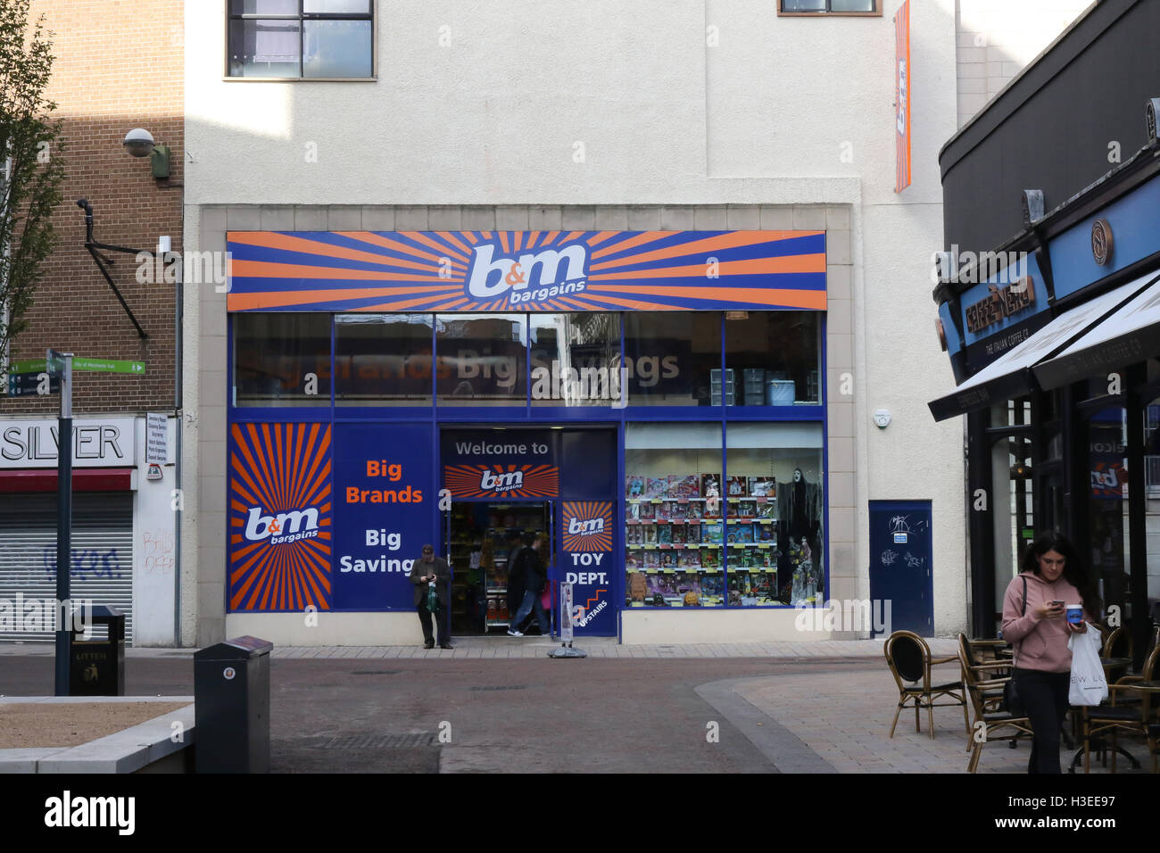Entrance and front window of the b&m bargains shop in Rosemary Street