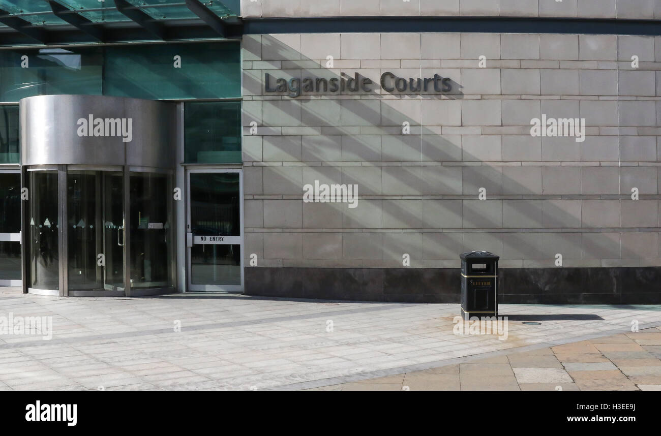 UK courthouse entrance and revolving entrance door to courthouse in Belfast at Laganside Courts, Oxford Street, Belfast. Stock Photo