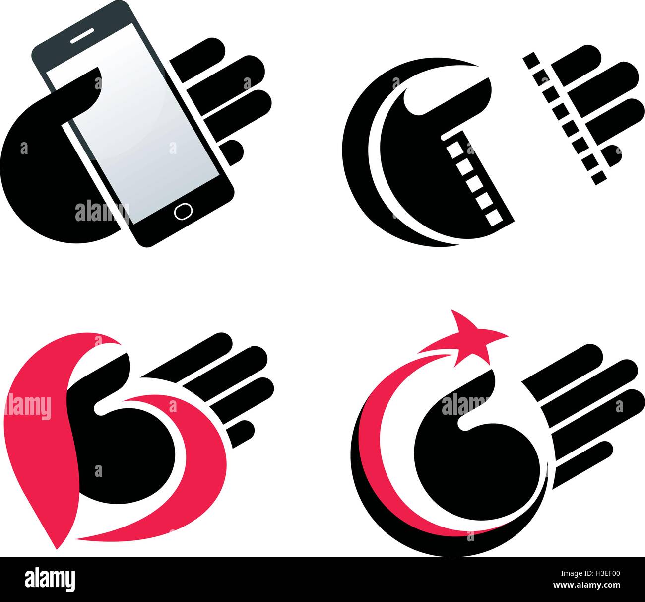 concept objects in hand. isolated smart phone, filmstrip, heart, moon, star vector icons eps10. Stock Vector