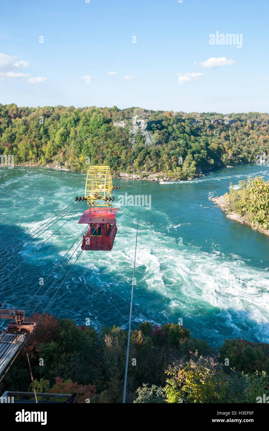 In operation since 1916, the Niagara Aero Car is seen crossing the Niagara river and whirlpool rapids in Niagara Falls Canada Stock Photo