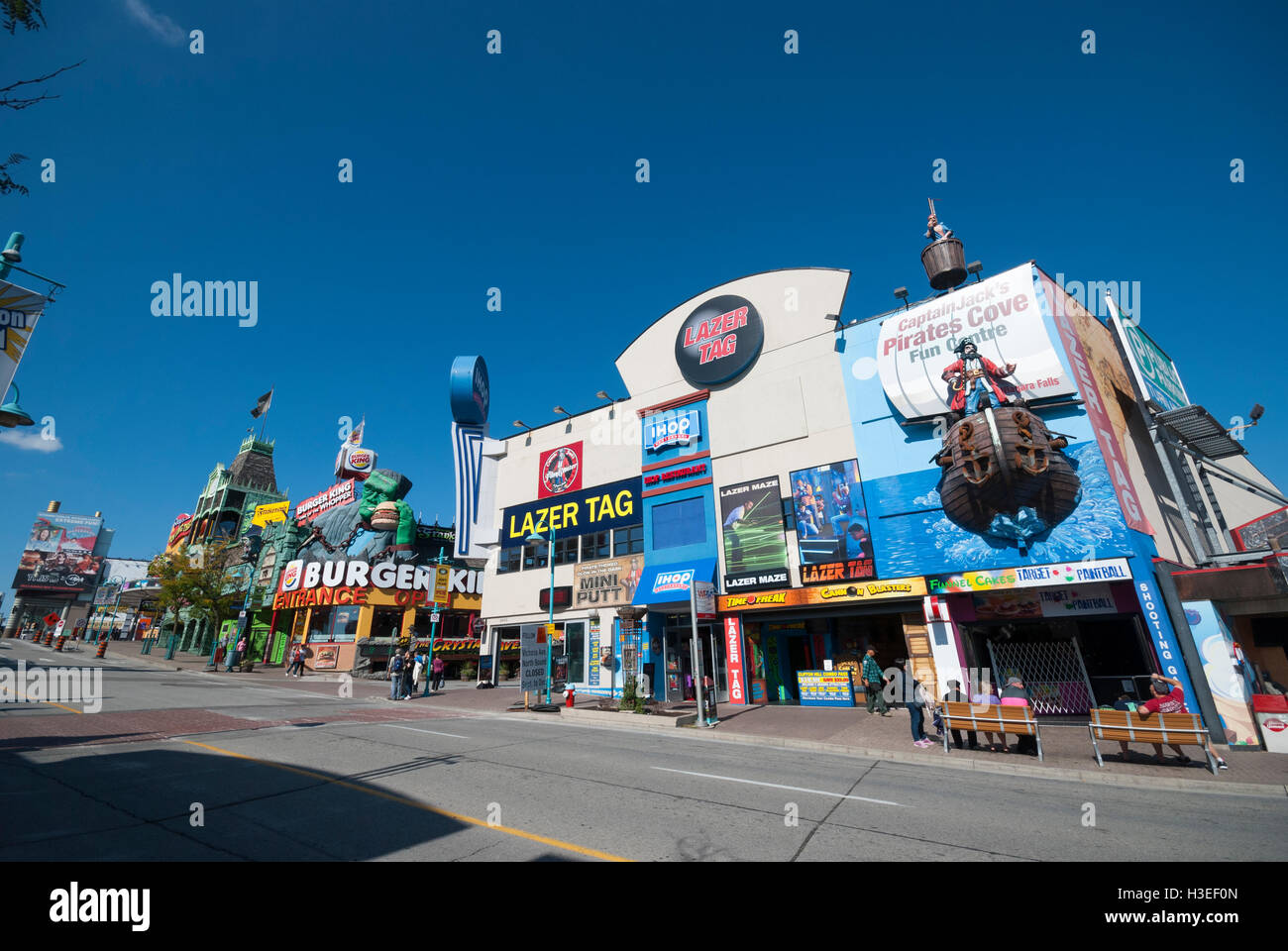 Called the Niagara Falls street of fun, Clifton hill is a an area of Niagara Falls full of strange and tacky tourist attractions Stock Photo