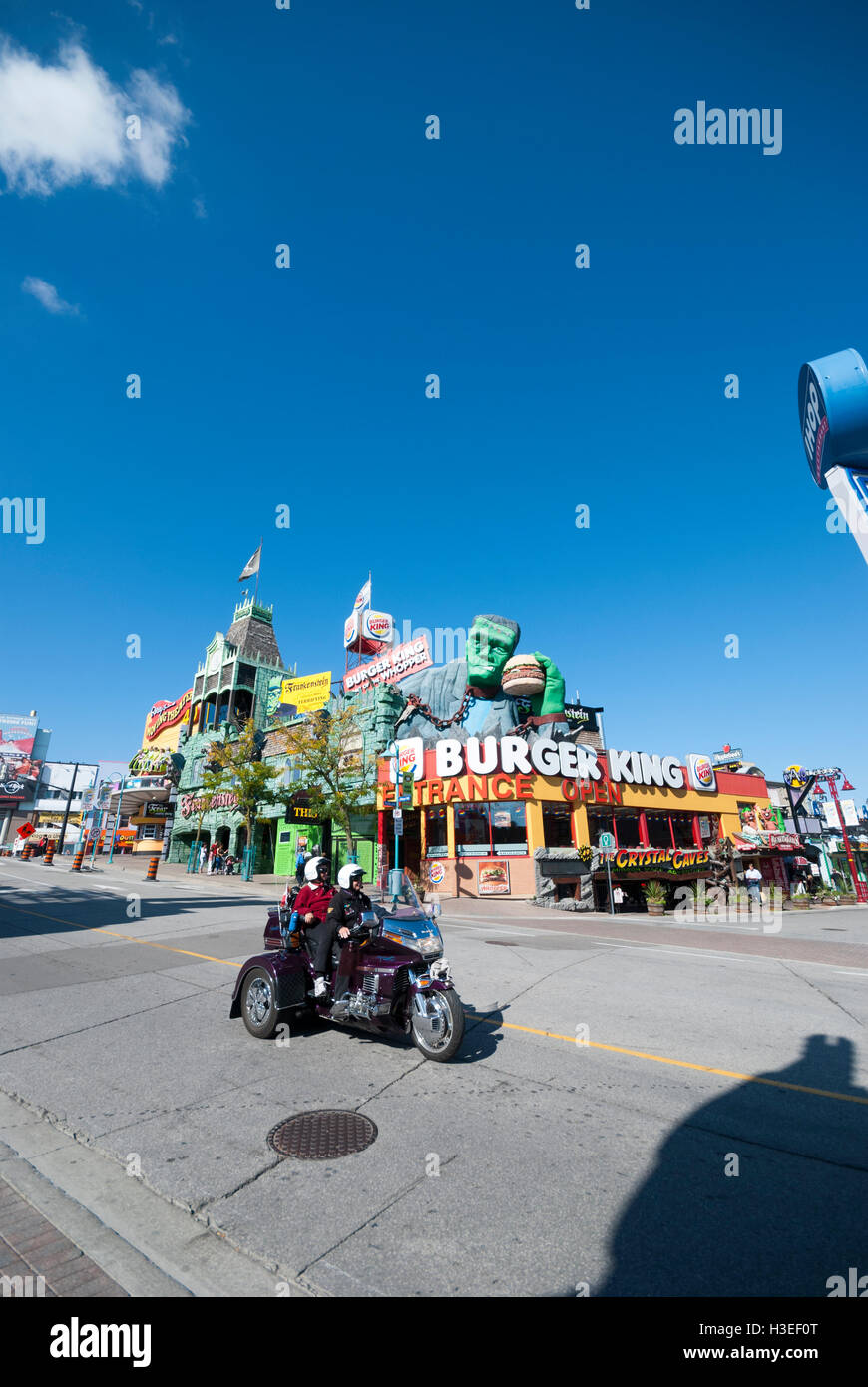 A bizarre Burger King restaurant franchise with Frankenstein holding a burger on Clifton Hill in Niagara Falls Canada Stock Photo