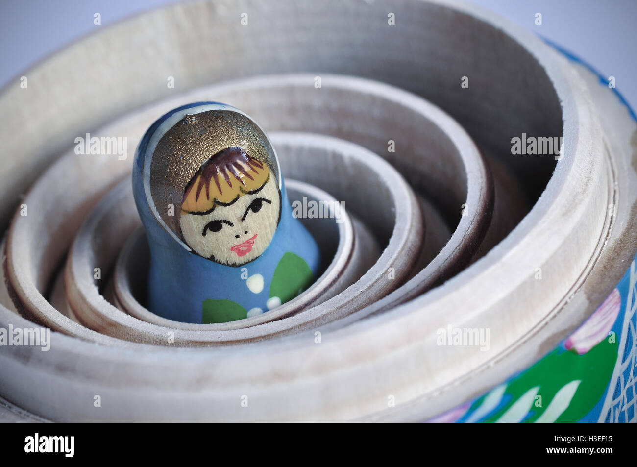 The smallest of the Matrioska Russian Dolls, inside the others Stock Photo