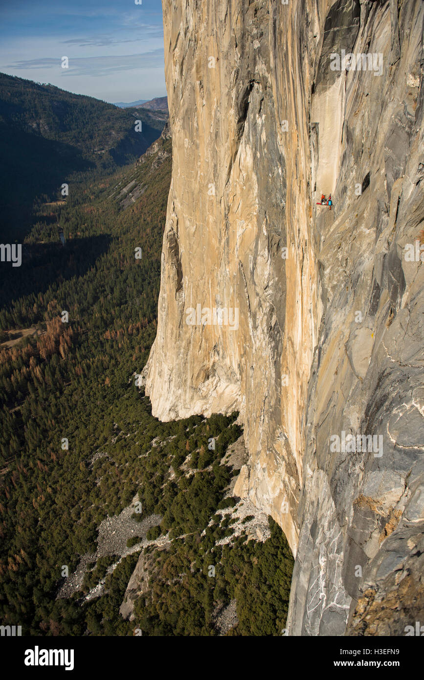 Men climbing a big wall route on El Capitan, Yosemite National Park, CA
