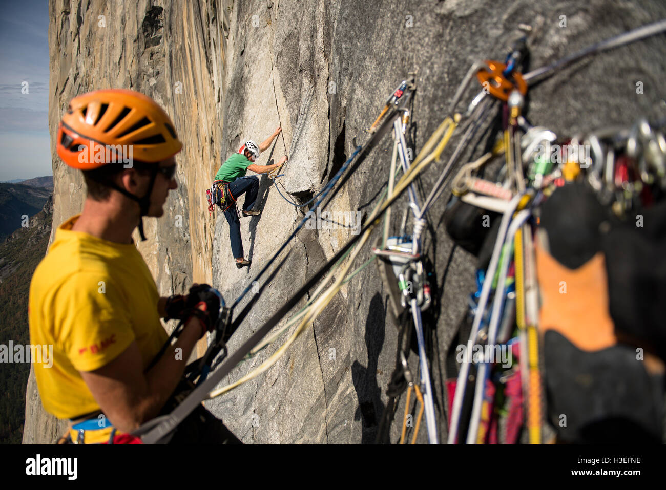 Two men free climbing a big wall route on El Capitan in Yosemite