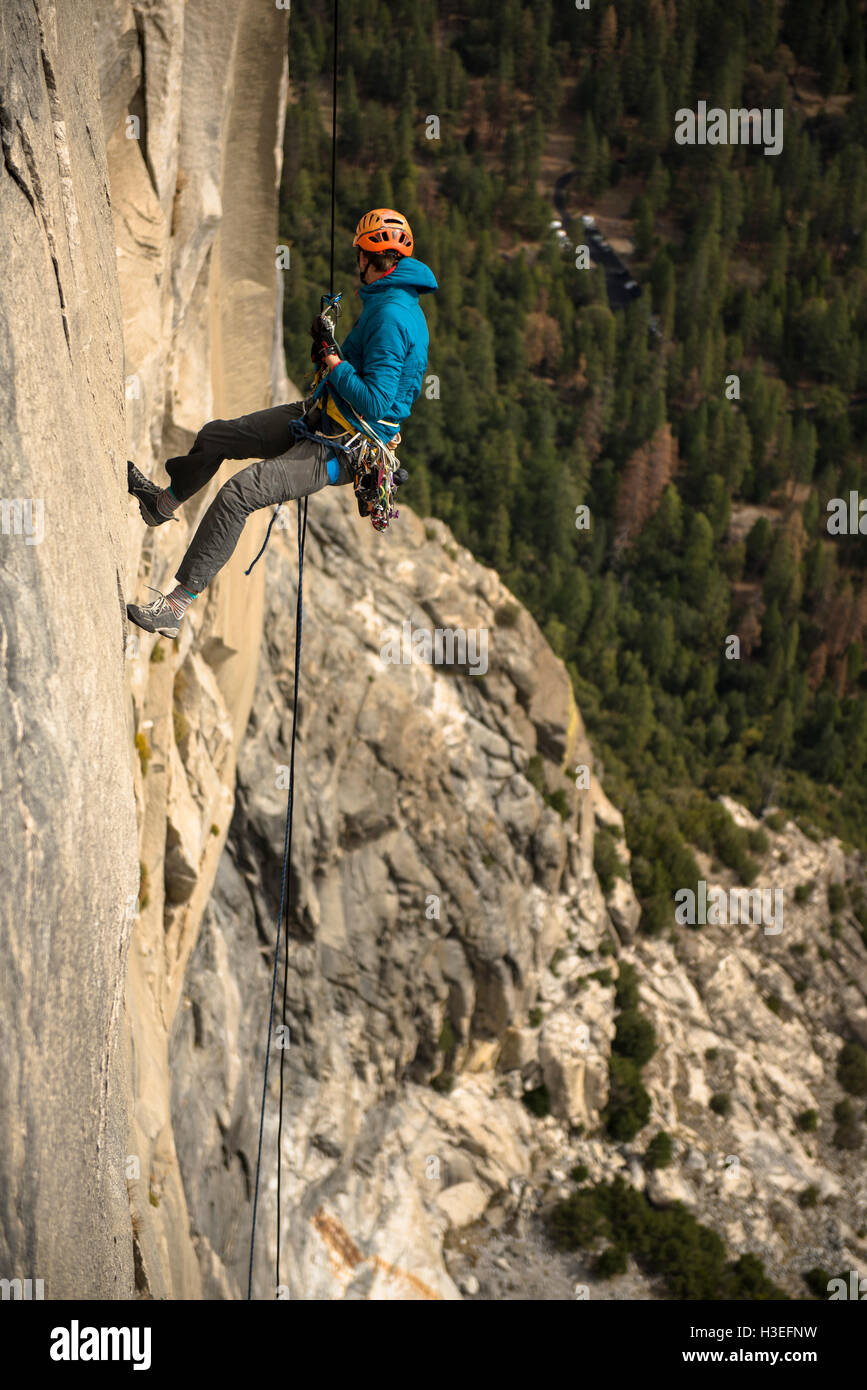 Two men free climbing a big wall route on El Capitan in Yosemite