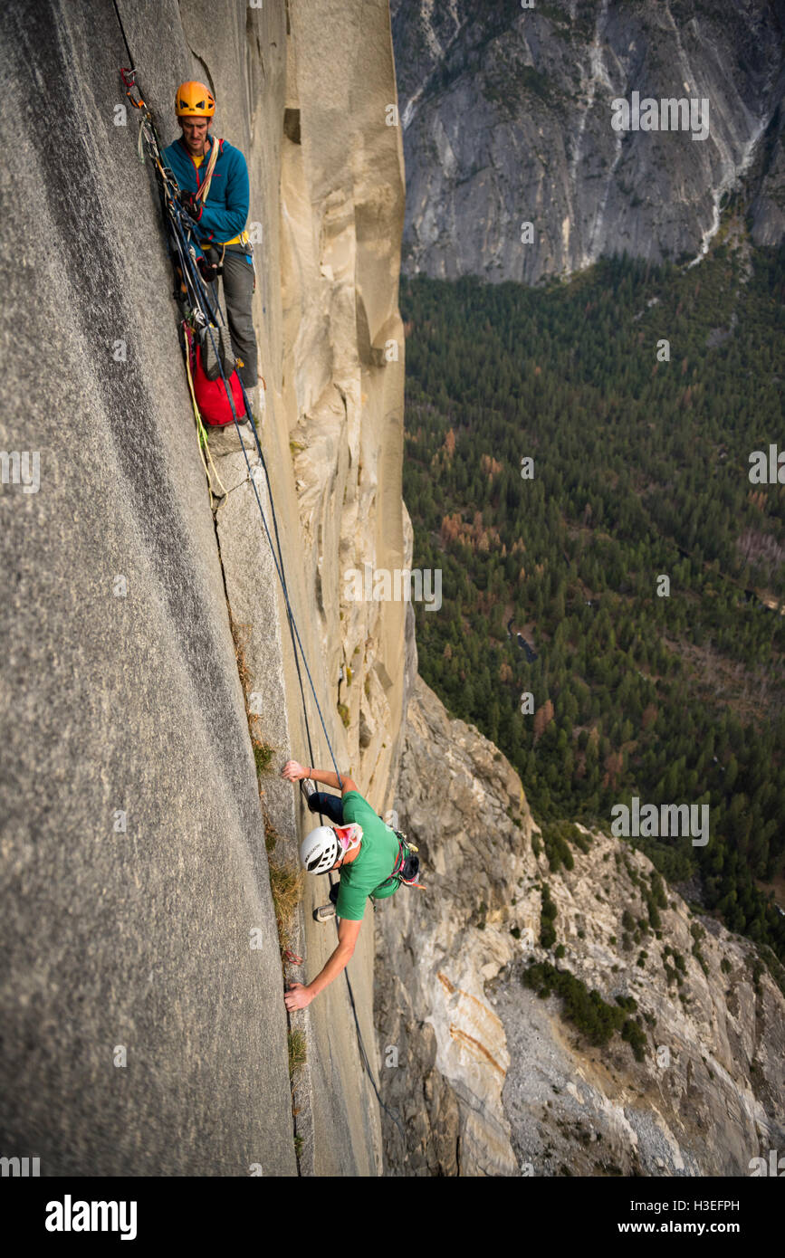 Two men free climbing a big wall route on El Capitan in Yosemite