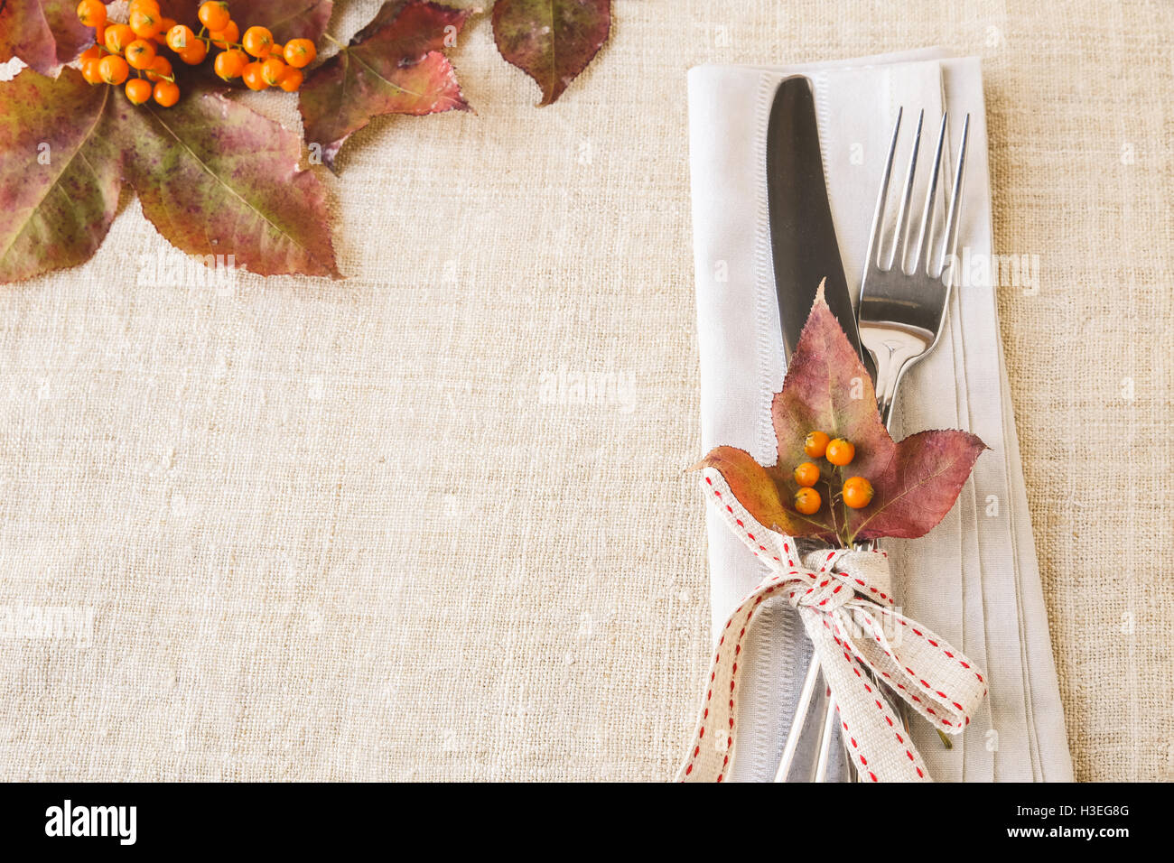 Thanksgiving autumn fall table setting copy space toning background Stock Photo