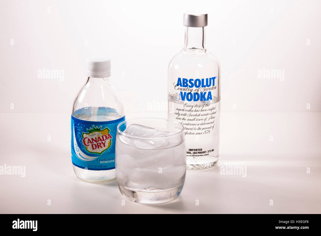 Absolut Vodka and Canada Dry Club Soda Stock Photo