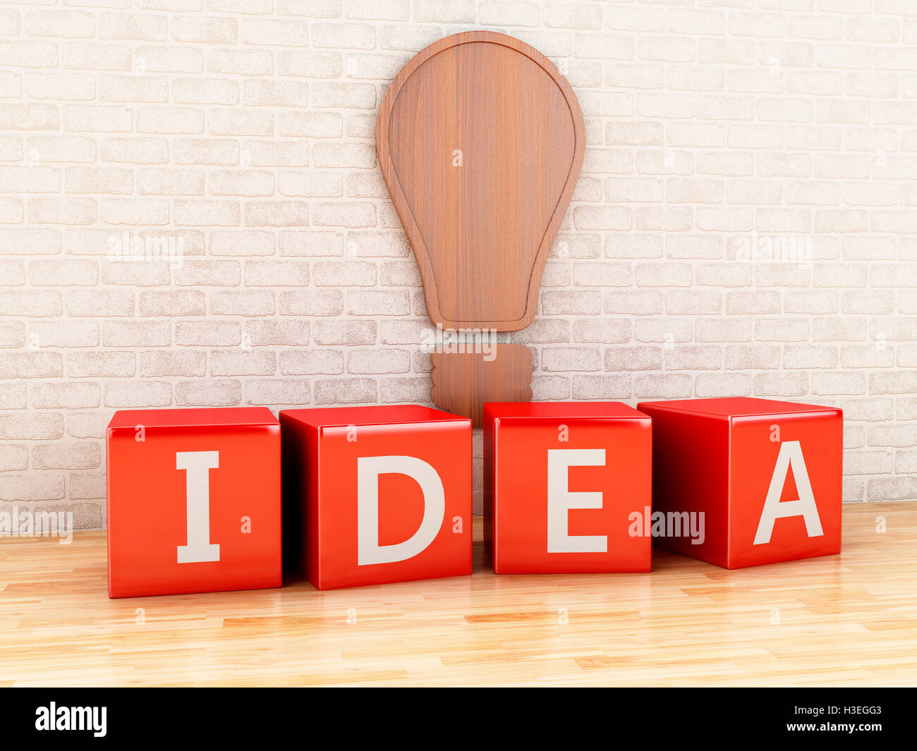 3d renderer image. Wooden light bulb with word idea. Inspiration, creative and new idea concept. Stock Photo