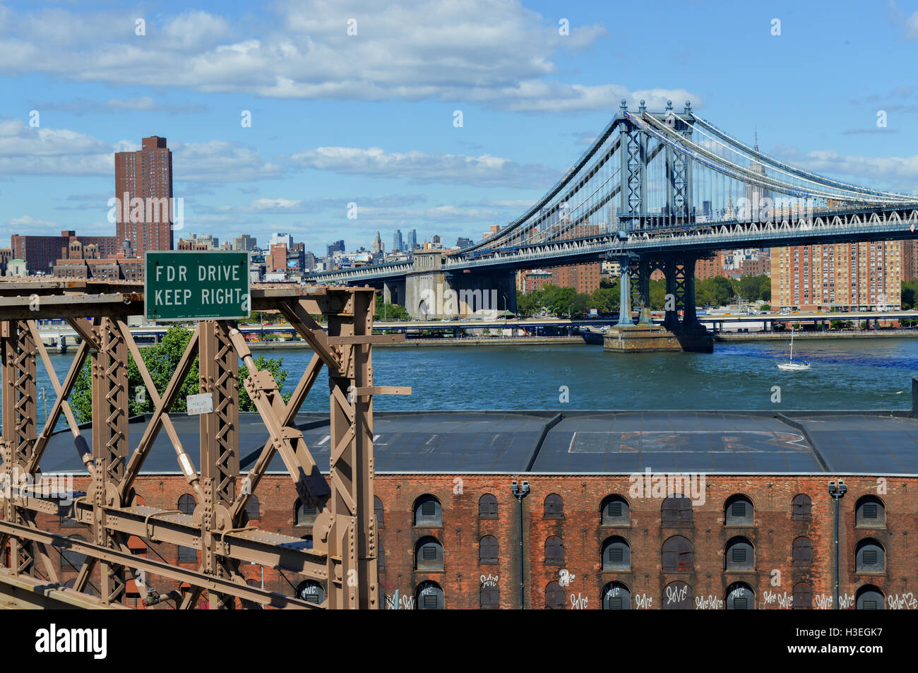 View of the New York City Skyline from the Brooklyn Bridge Stock Photo ...