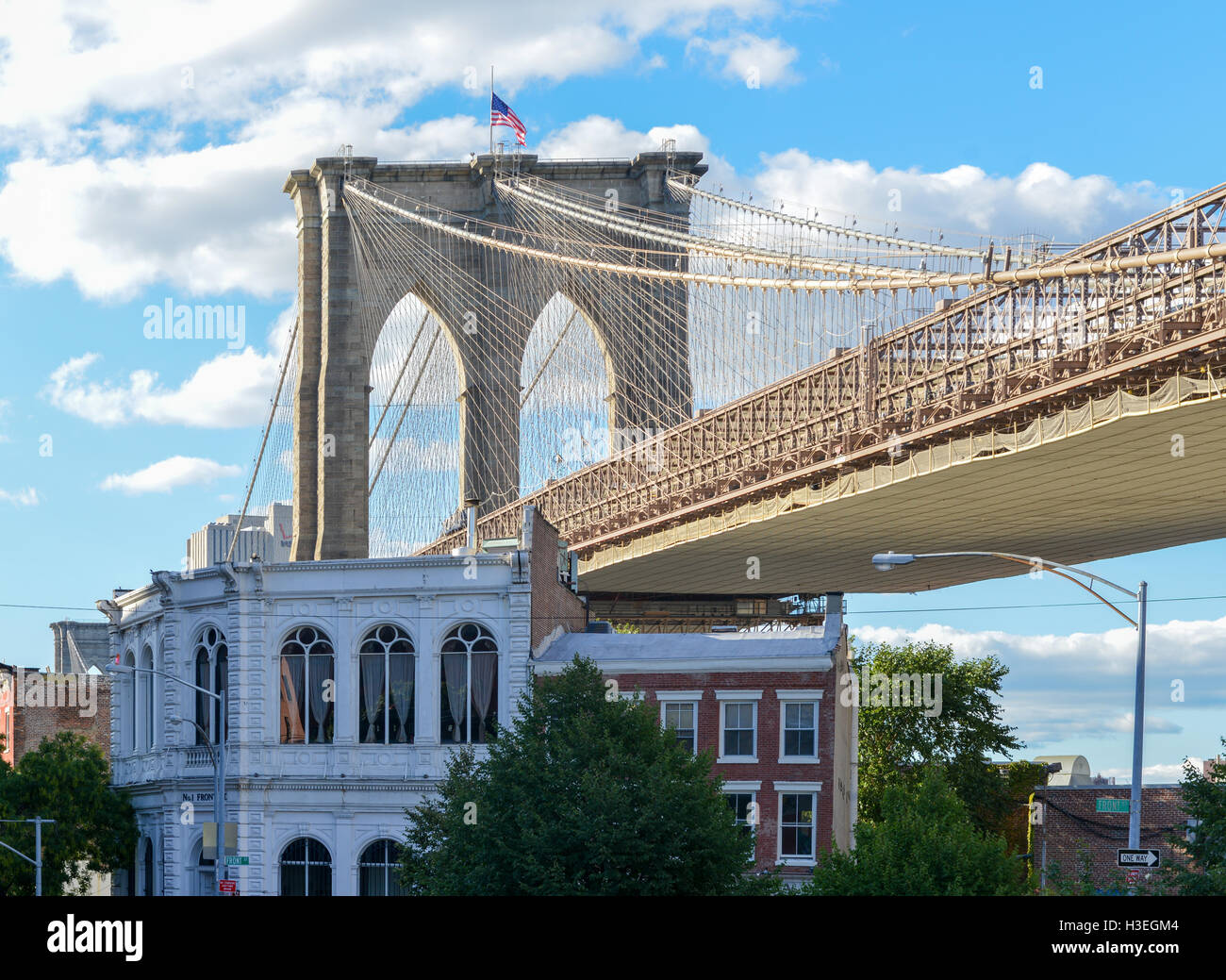 View of the Brooklyn Bridge from Old Fulton Street in New York City