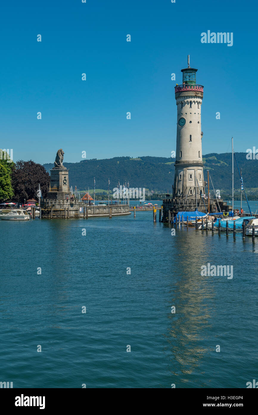 Lighthouse and Bavarian Lion, Lindau, Bavaria, Germany Stock Photo