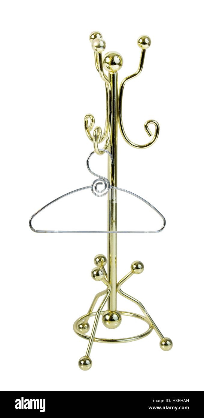 Metal clothes hanger hanging on a coat rack path included Stock Photo
