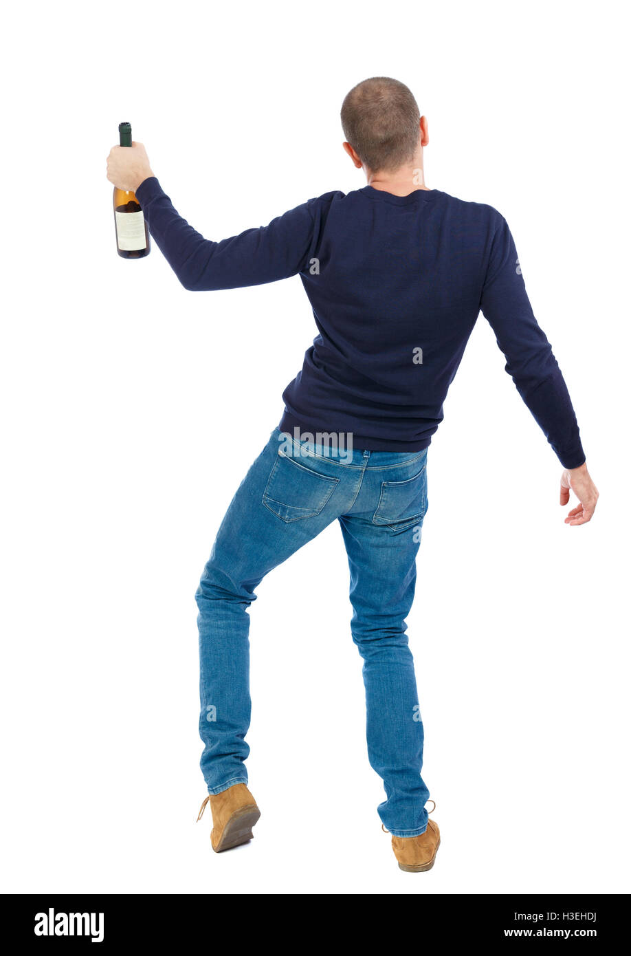 Back view of drunk man with bottle of wine. drinking young guy. Rear view people collection. backside view of person. Isolated over white background. Stock Photo
