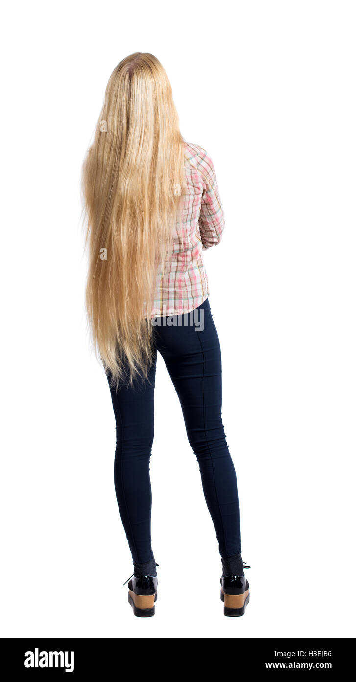 Back View Of Standing Young Beautiful Woman Girl Watching Rear