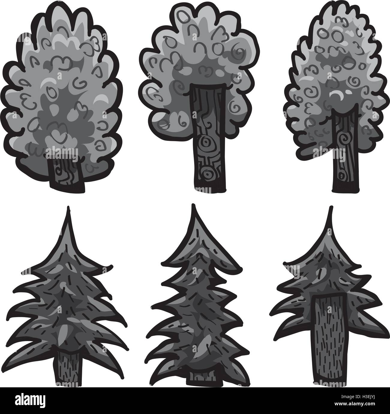 Set of six hand drawn detailed vector trees. Vector file, on white ...