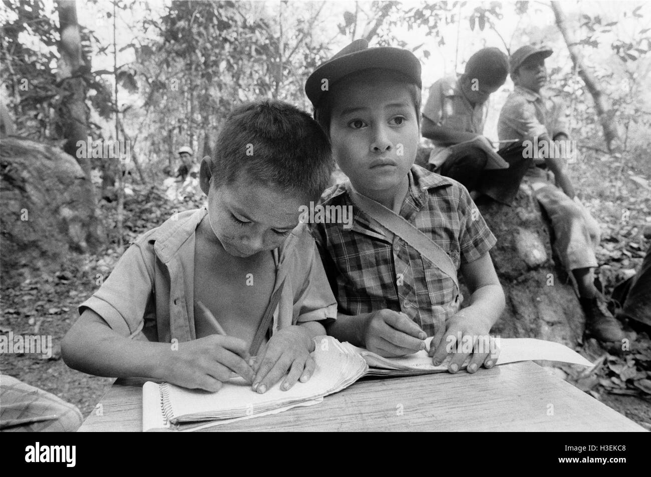 CHALATENANGO EL SALVADOR, FEB 1984: - Within the FPL Guerrilla's Zones of Control - a mixed children and adult literacy class held daily under trees to prevent being spotted by the airforce. Stock Photo