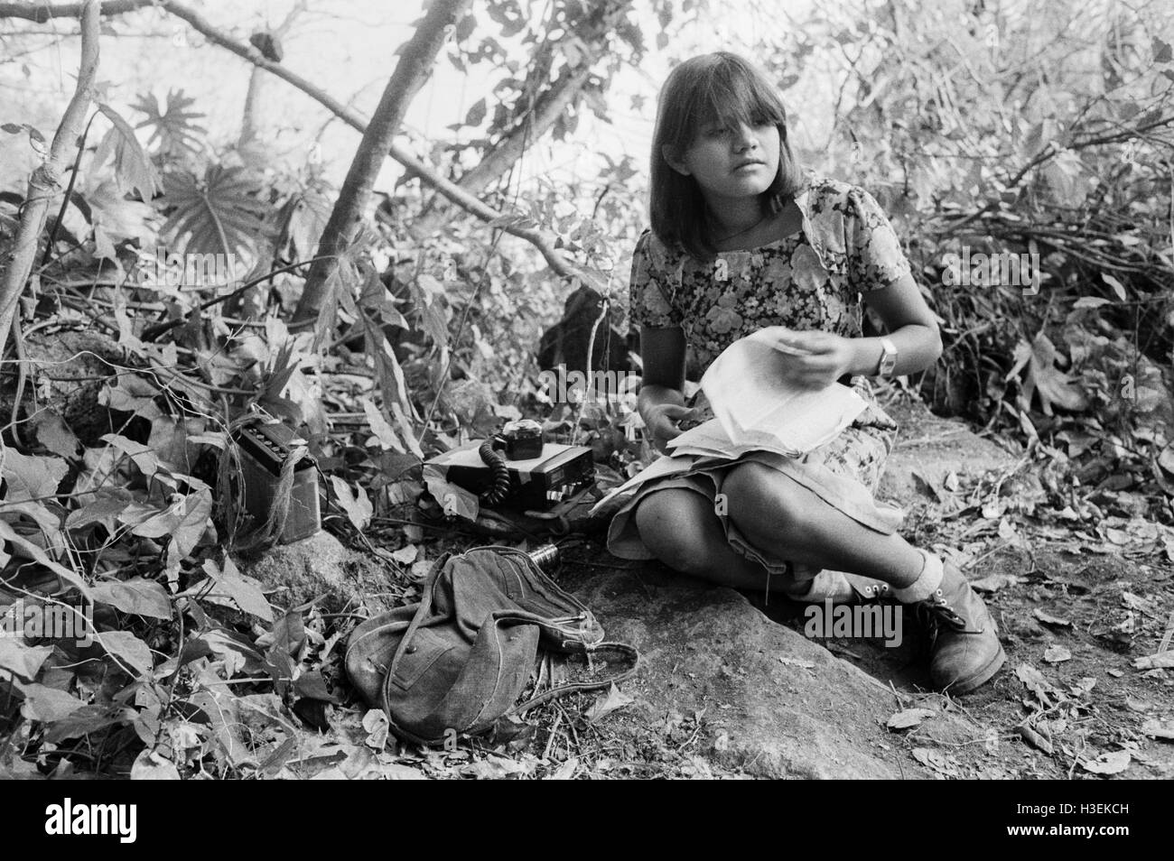 GUAZAPA, EL SALVADOR, FEB 1984: - Within the FPL Guerrilla's Zones of Control -  Women guerrilla radio operators keep contact between FPL combat units. Stock Photo