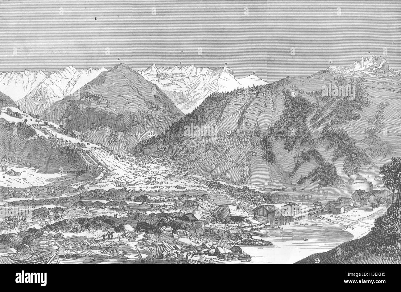 SWITZERLAND Landslip Mosli Sernf Mittaghorn Zwolfihorn Stafeli Elm 1881. The Illustrated London News Stock Photo