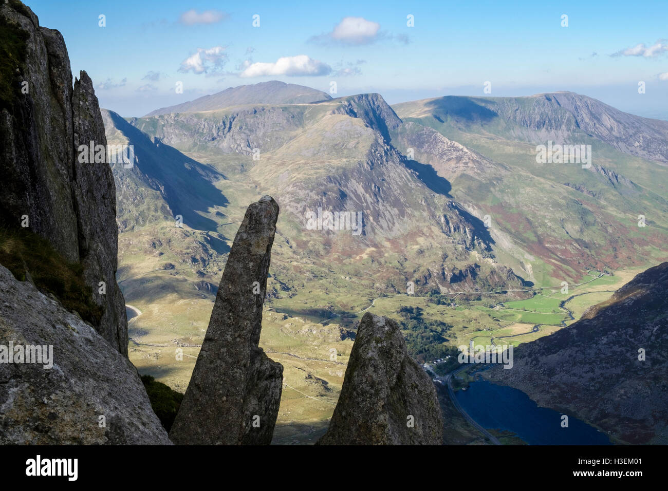 View to Foel Goch from rocky mountainside of Mount Tryfan north ridge above Ogwen Valley in mountains of Snowdonia. Wales UK Stock Photo