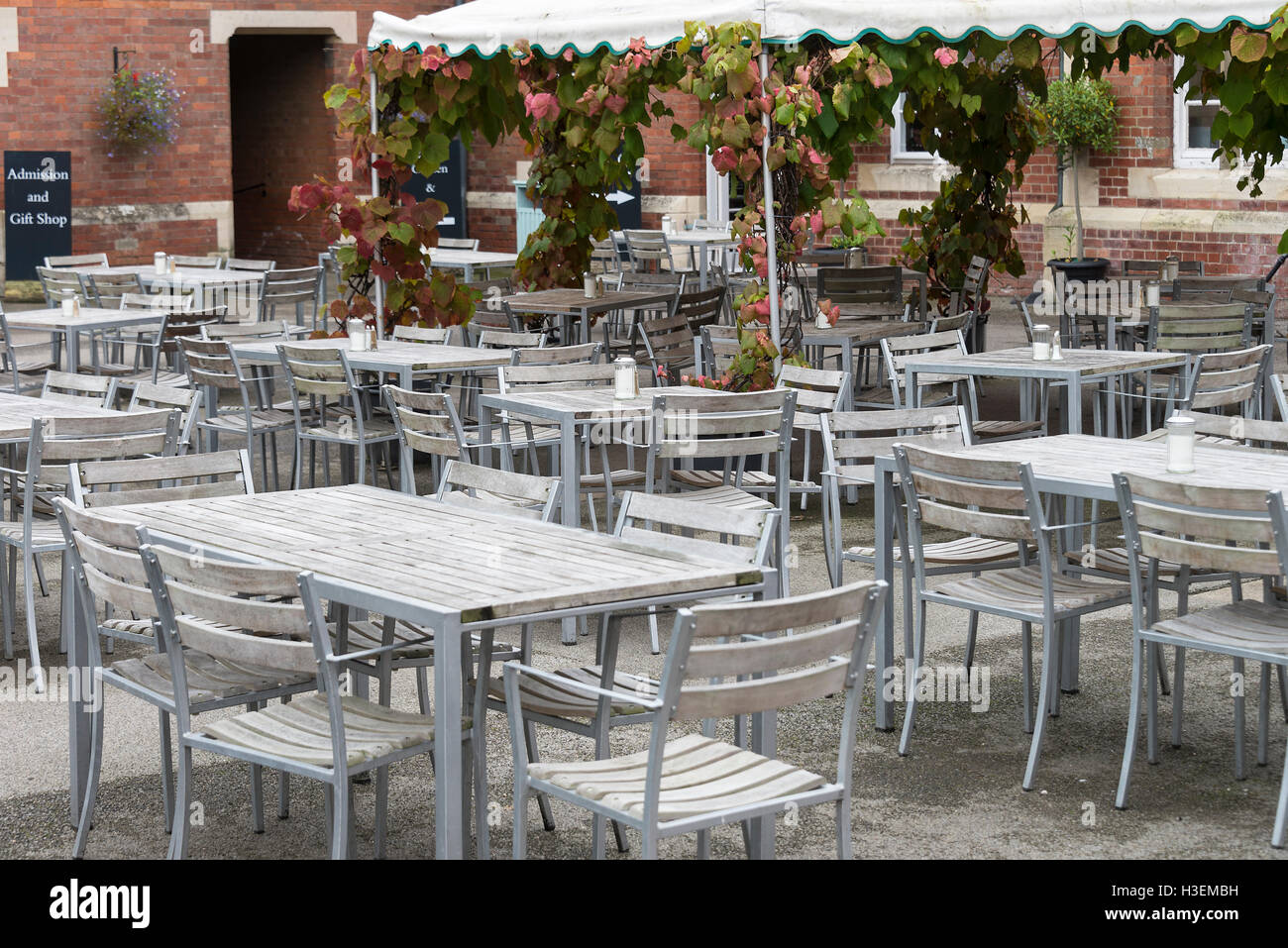 The Courtyard with Chairs and Tables for Dining and Picnics at Burton Agnes Hall near Driffield East Yorkshire England United Kingdom UK Stock Photo