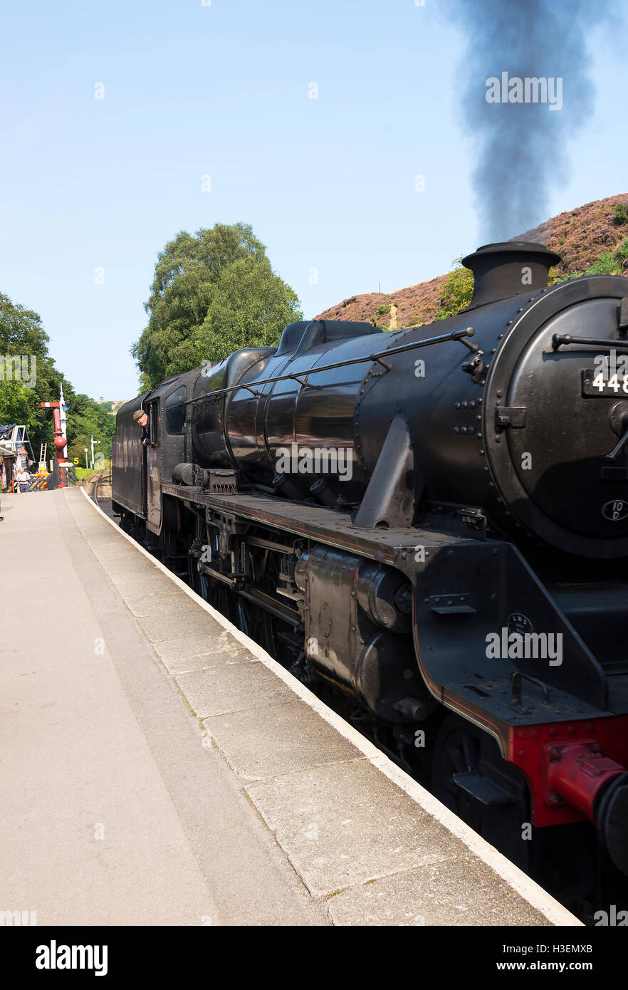 Preserved Stanier Black Five Steam Locomotive 44806 Pulling Passenger Train at Goathland Station North Yorkshire Moors Railway England United Kingdom Stock Photo