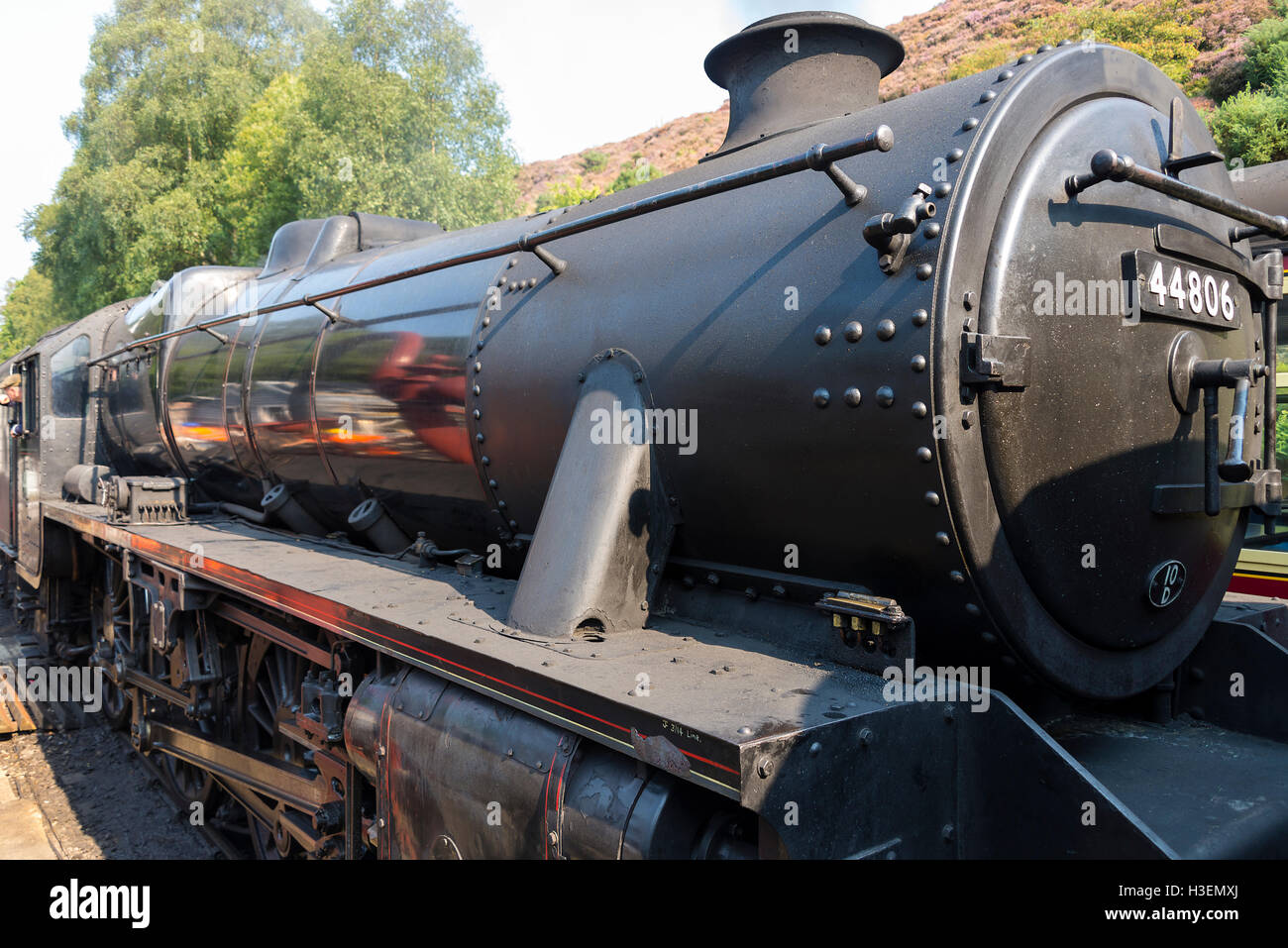 Preserved Stanier Black Five Steam Locomotive 44806 Pulling Passenger Train at Goathland Station North Yorkshire Moors Railway England United Kingdom Stock Photo