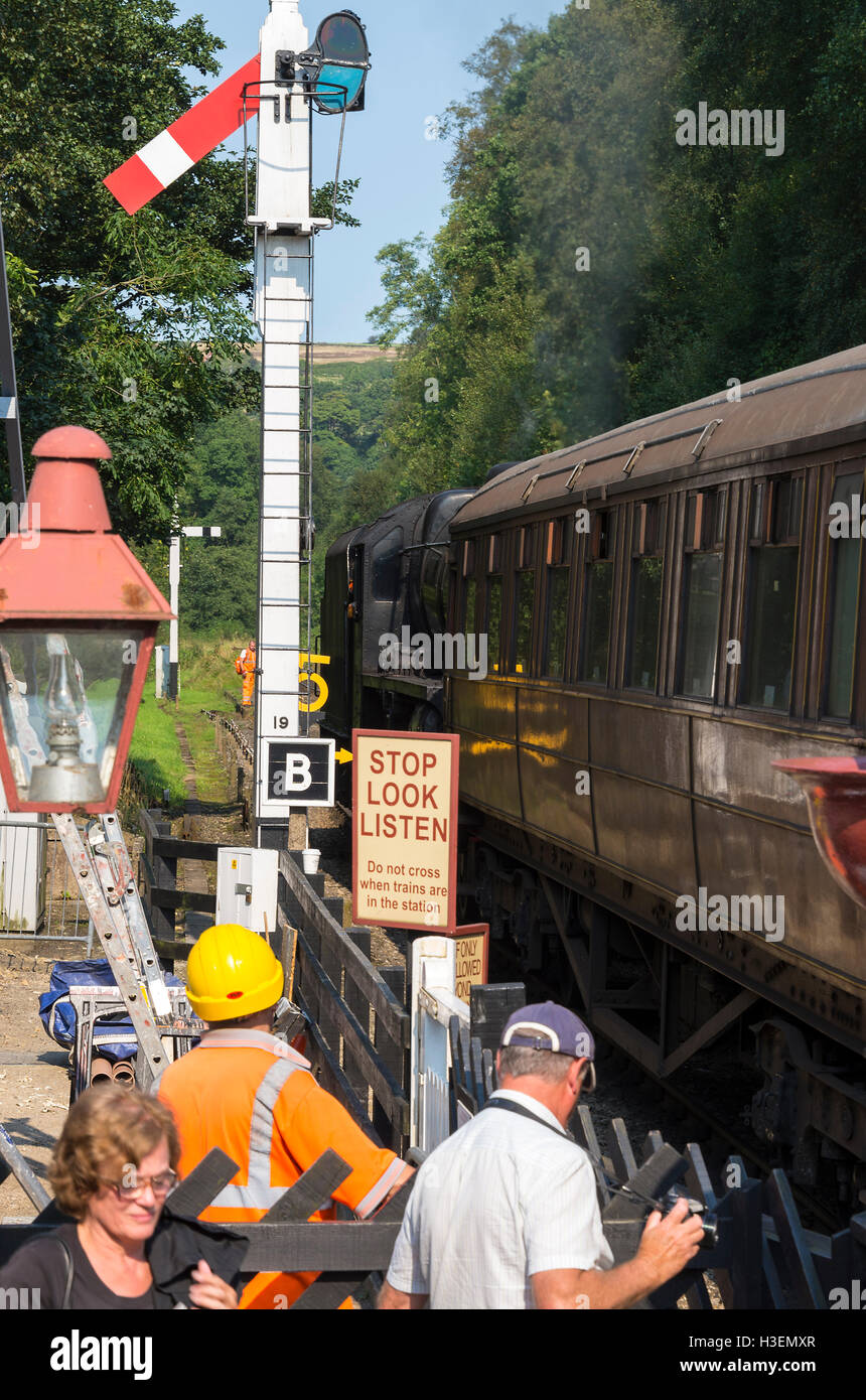 Preserved Stanier Black Five Steam Locomotive 44806 Pulling Passenger Train at Goathland Station North Yorkshire Moors Railway England United Kingdom Stock Photo