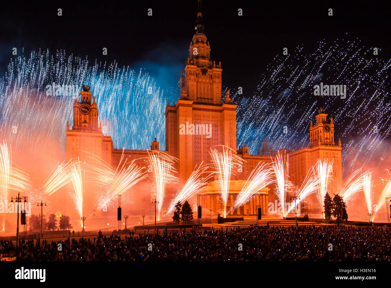 Moscow International Festival Circle of light. Pyrotechnic fireworks show on Moscow State University Stock Photo