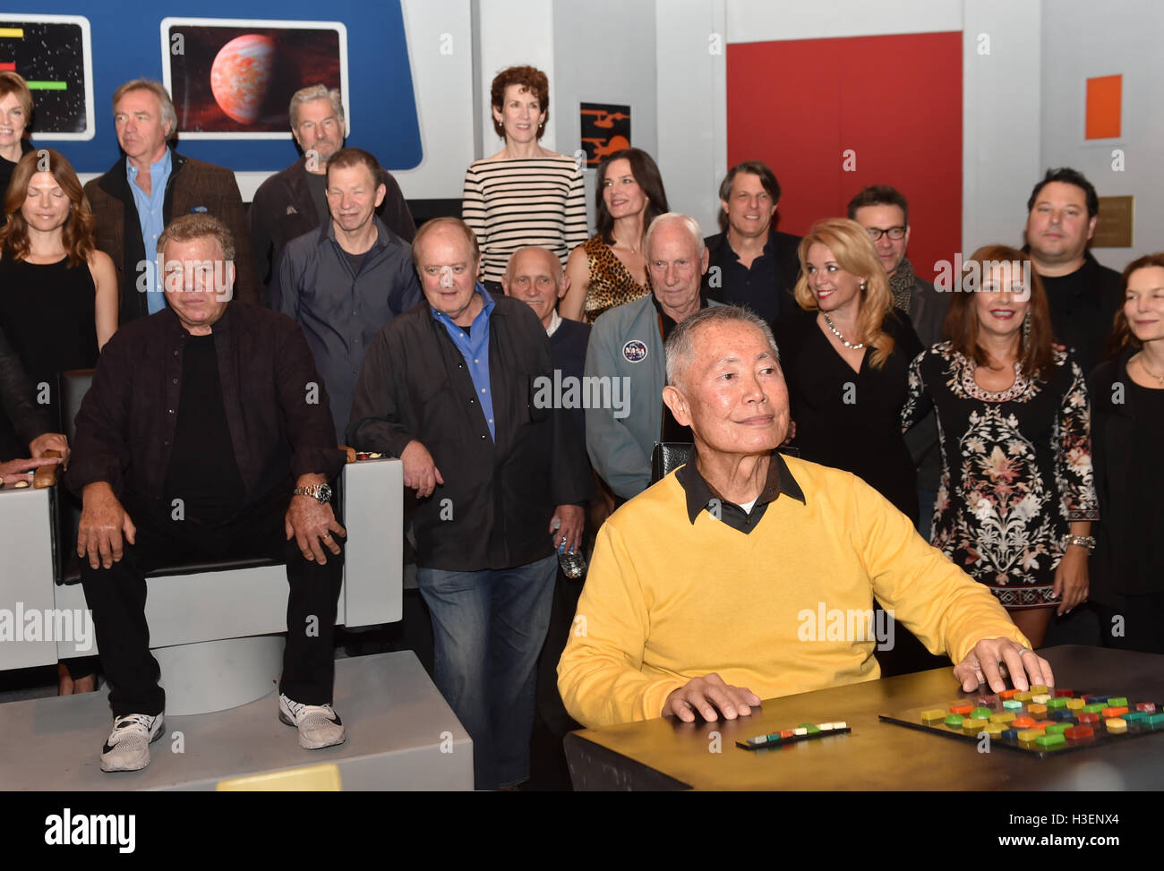 George Takei (right) and William Shatner (left), who played Hikaru Sulu and Captain Kirk respectively in the original Star Trek with other cast members from Star Trek franchise, during a photocall to launch Destination Star Trek Europe at The NEC in Birmingham. Stock Photo