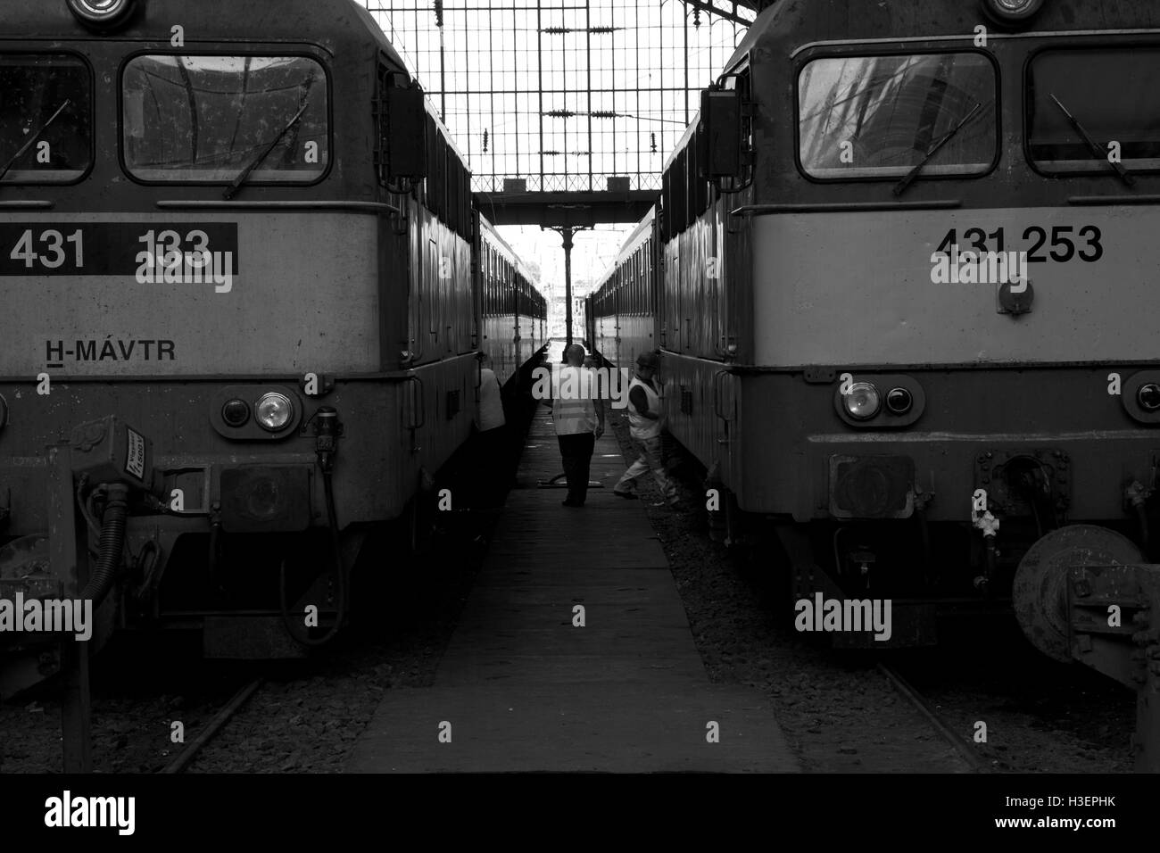 Two trains undergo maintenance at the imposing Keleti Pályaudvar train station in Budapest Stock Photo