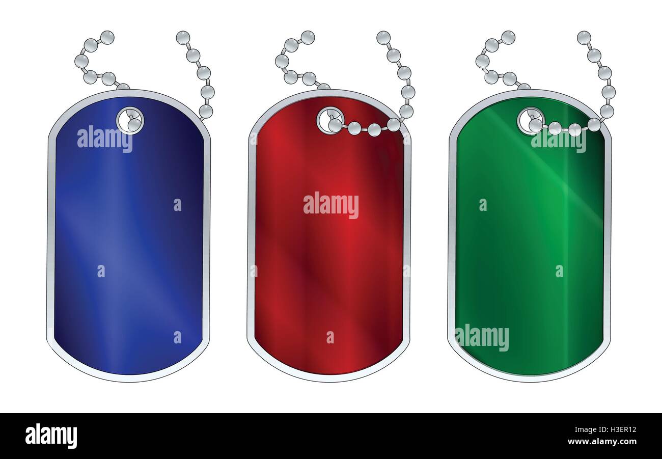 A set of 3 red green and blue dog tags with chain over a white background Stock Vector