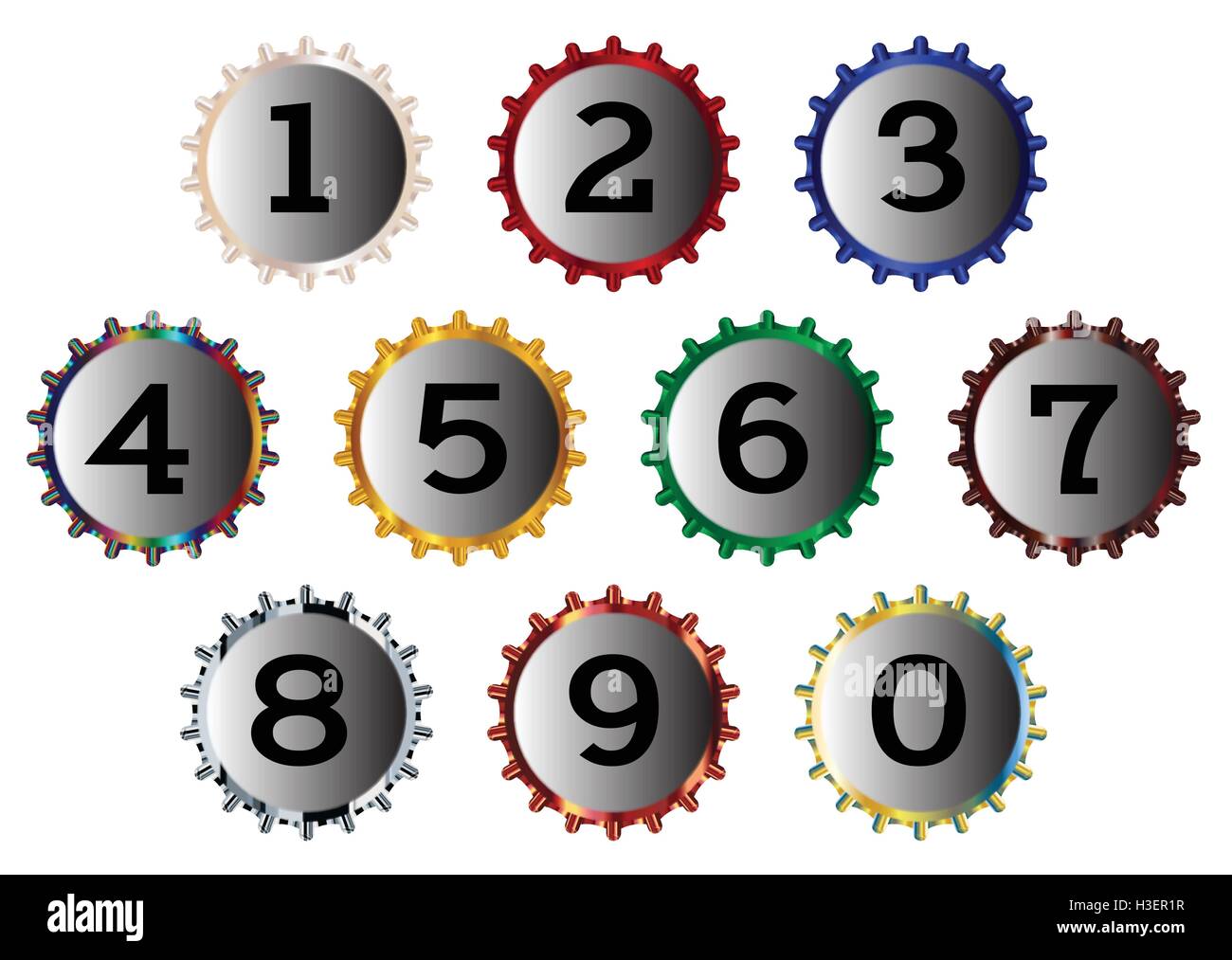 A typical metal  bottle cap collection with numbers Stock Vector