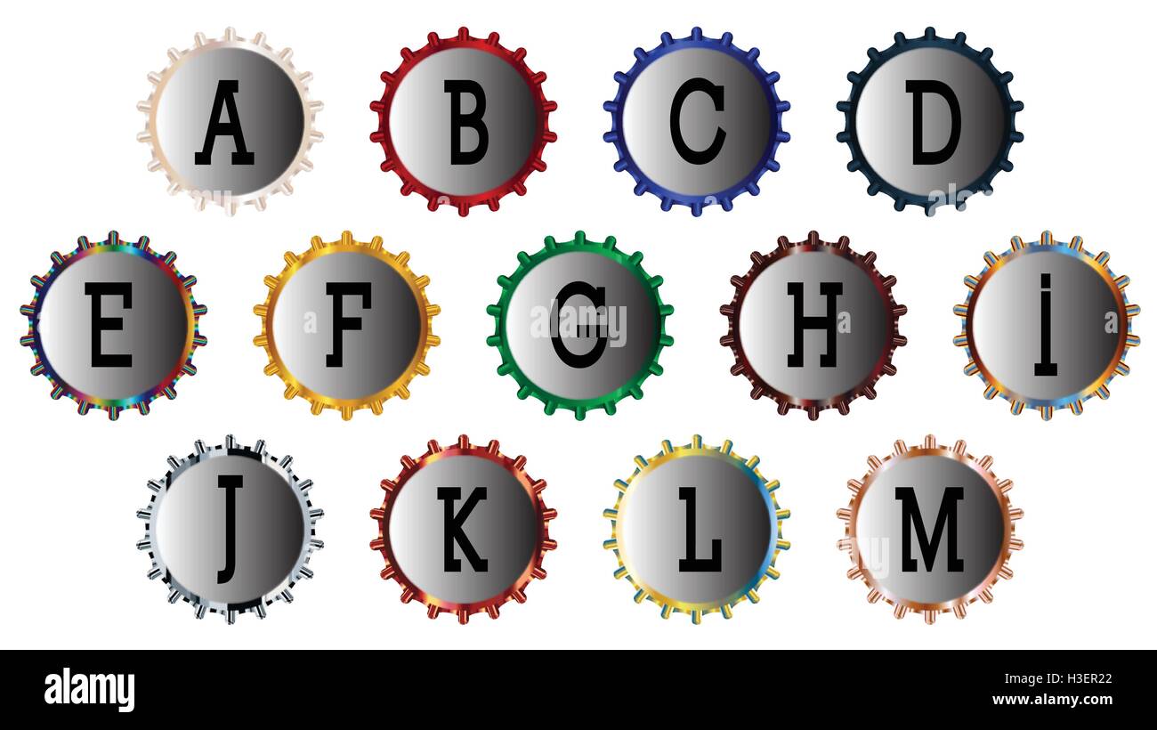 A typical metal  bottle cap collection with letter A to M Stock Vector