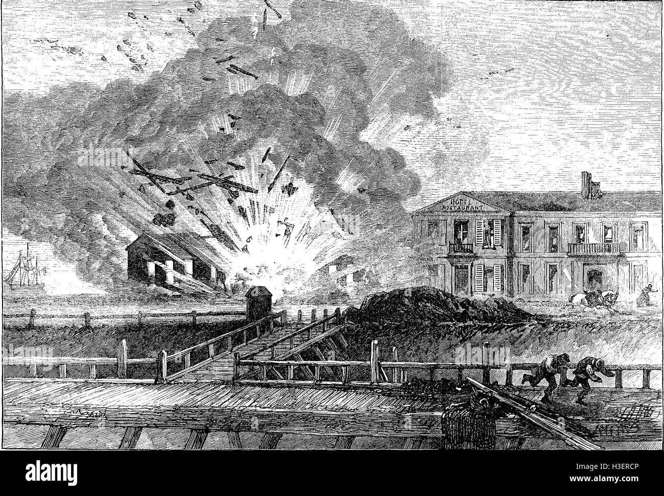 FRANCE Explosion of cartridge factory, Dunkirk 1871. Illustrated London