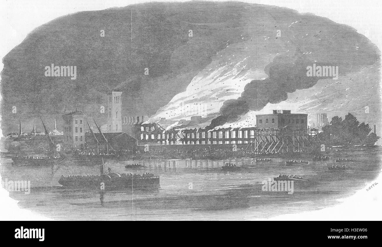 LONDON Fire at Cubitts building works, Thames Bank 1854. Illustrated London News Stock Photo
