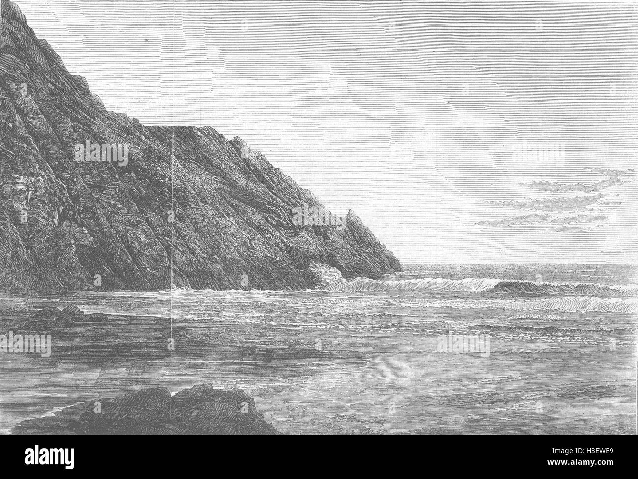 WALES Waves in Caswell and three Cliffs Bay 1855. Illustrated London News Stock Photo