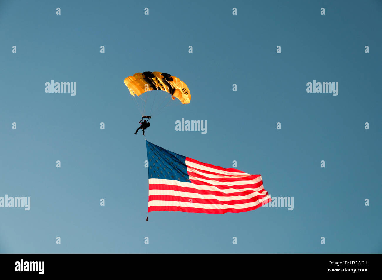 FOLSOM, CA, USA - JULY 4, 2010: US Army skydiver with US flag landing at Folsom rodeo Stock Photo