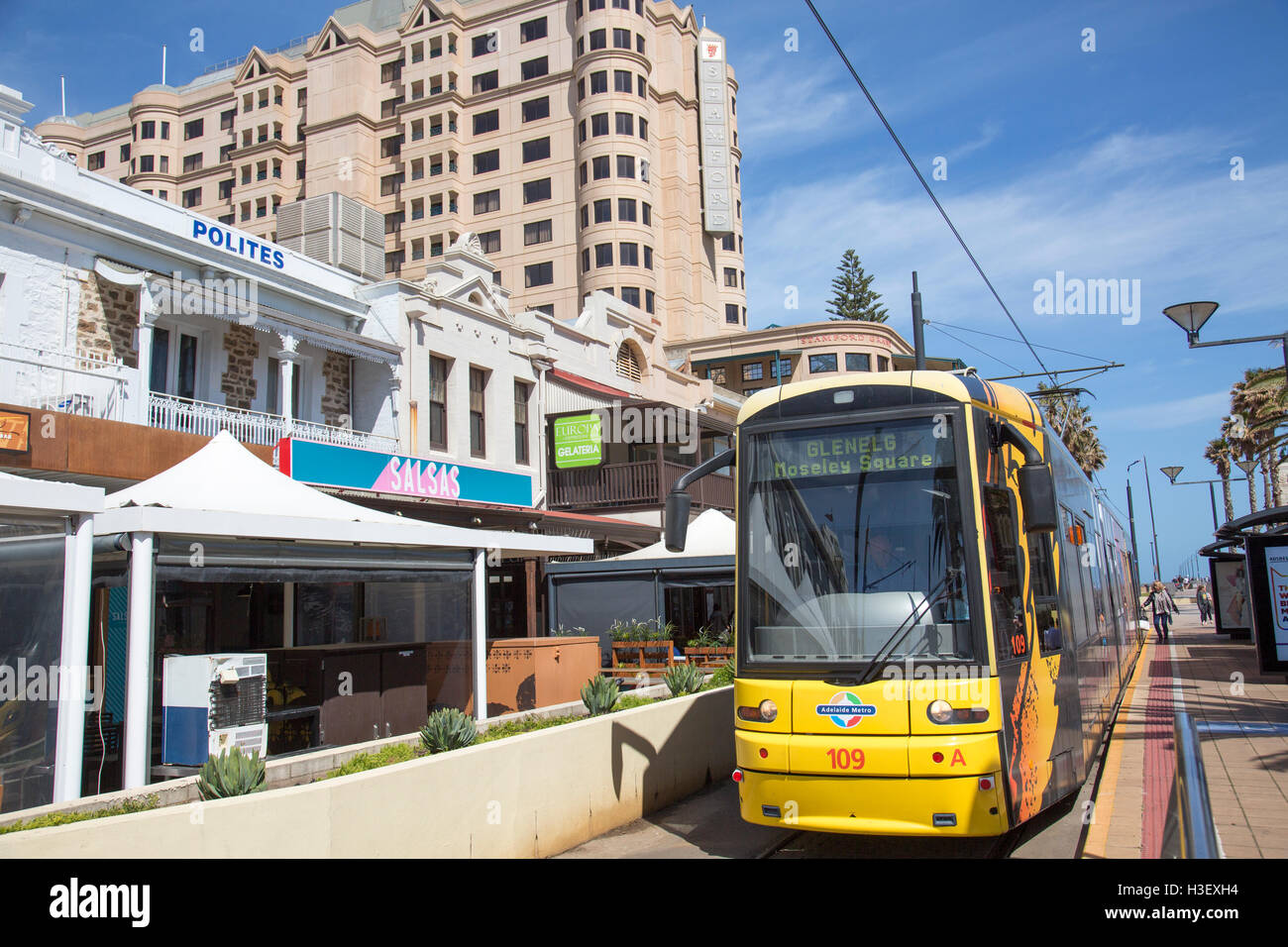 light rail tram train in Glenelg, the tram runs between here and Adelaide,South Australia Stock Photo