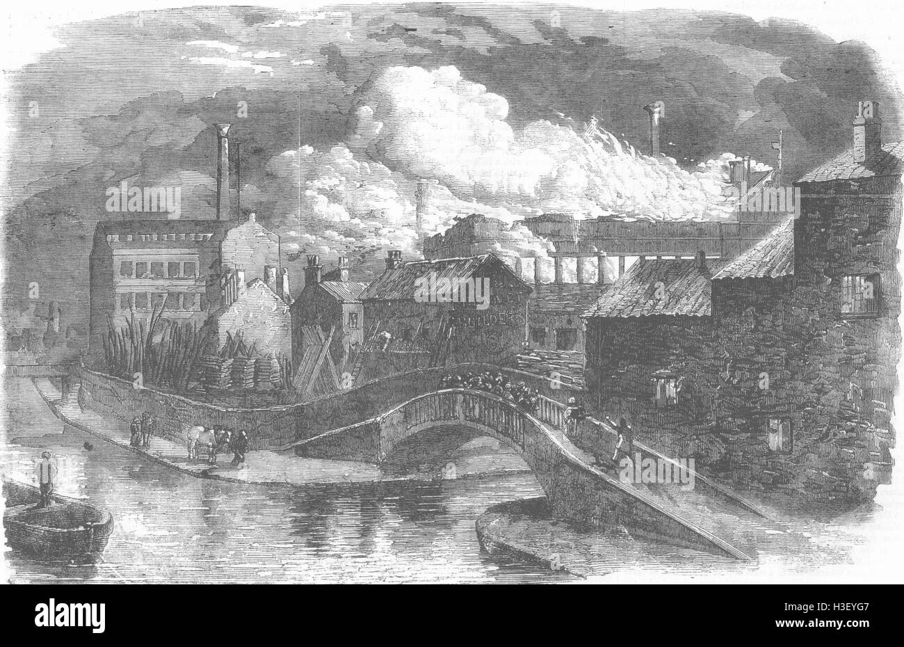NOTTINGHAMSHIRE Hosiery Factory on fire, Nottingham 1859. Illustrated London News Stock Photo