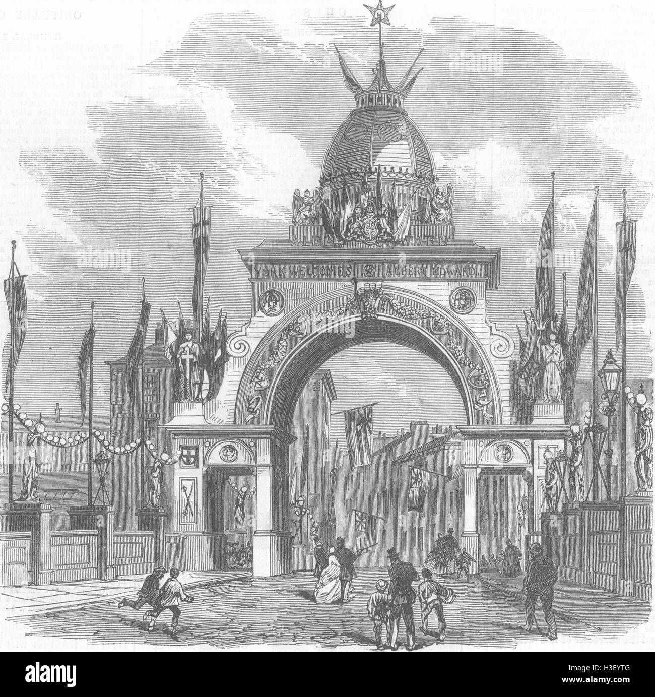 YORKS Triumphal Arch on the Ouse Bridge at York 1866. Illustrated London News Stock Photo