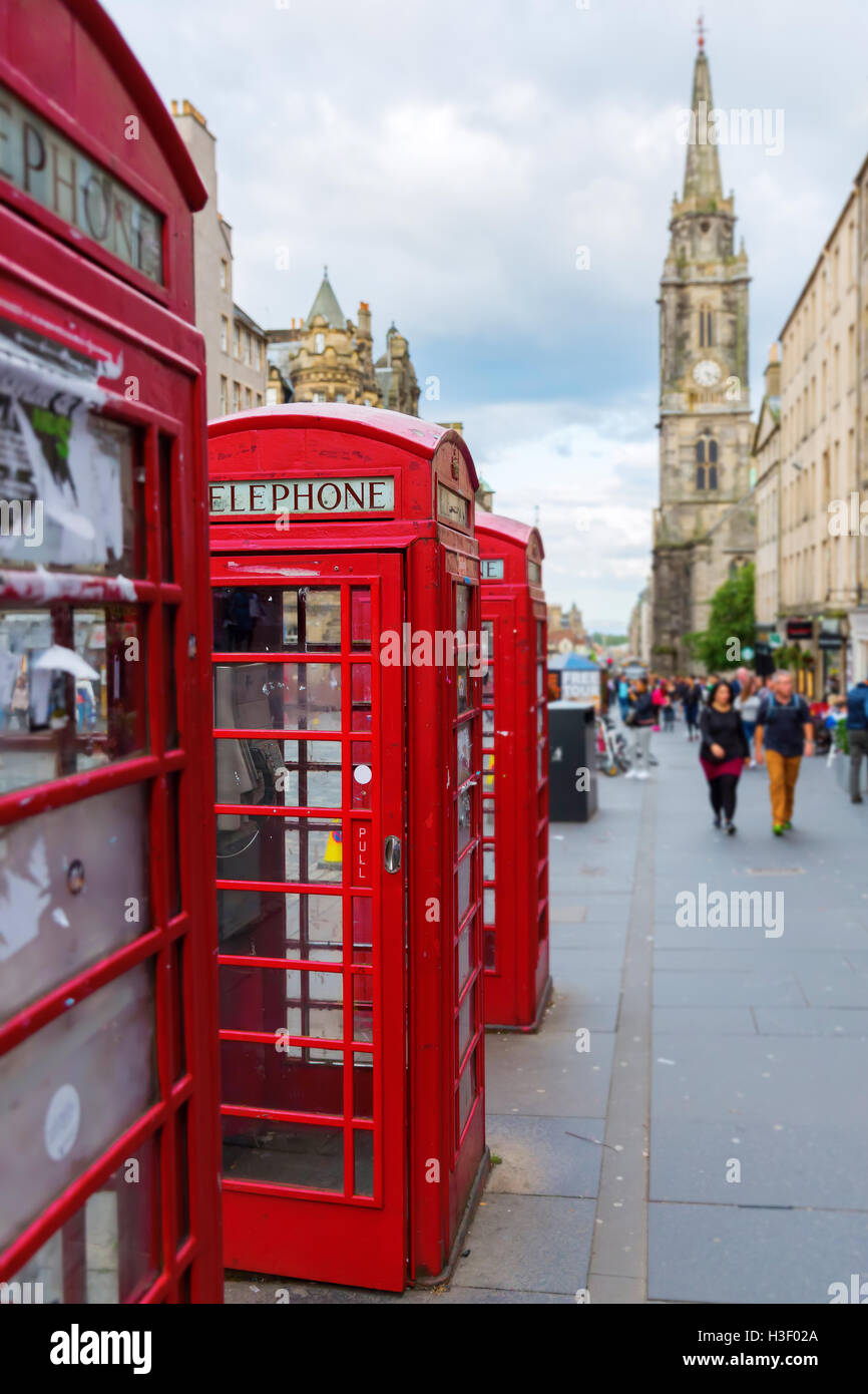 old red phone boxes at the Royal Mile in Edinburgh, Scotland Stock Photo