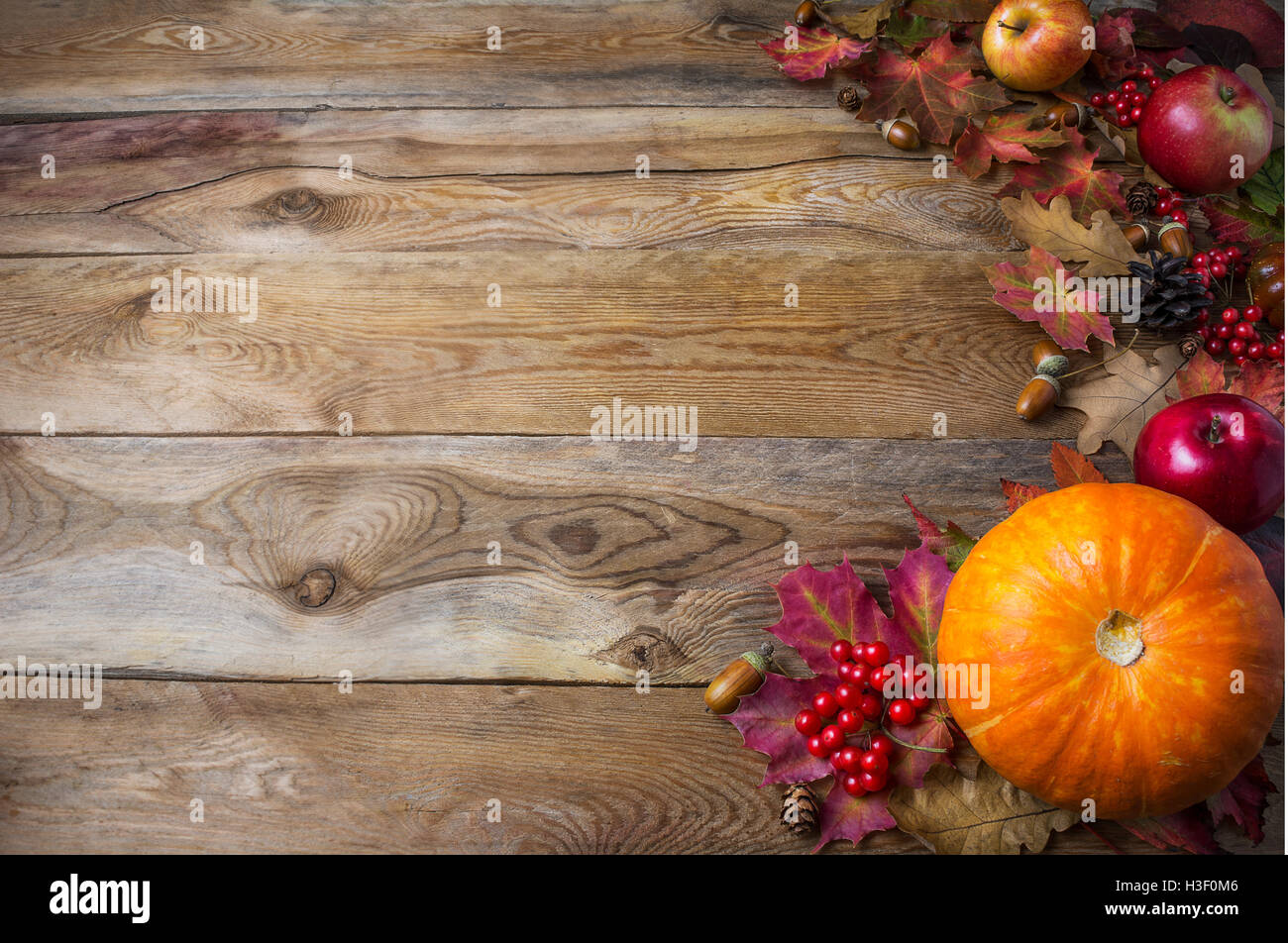 Thanksgiving or fall greeting background with pumpkins and fall leaves ...