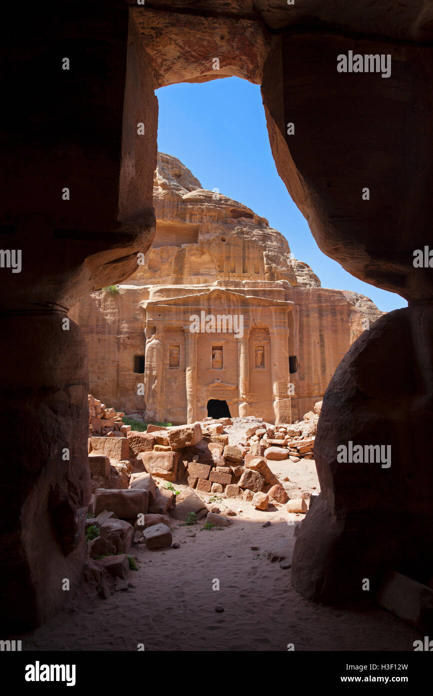 A glimpse of the tomb of the Roman soldier inside the Nabatean lost city of Petra, Jordan, Middle East. Stock Photo
