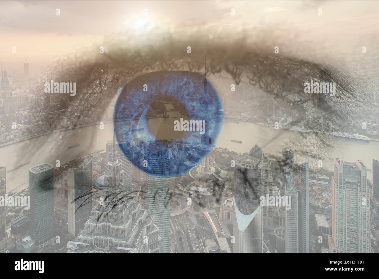 Double exposure image of human eye with business center district Shanghai city. Business future concept. Stock Photo