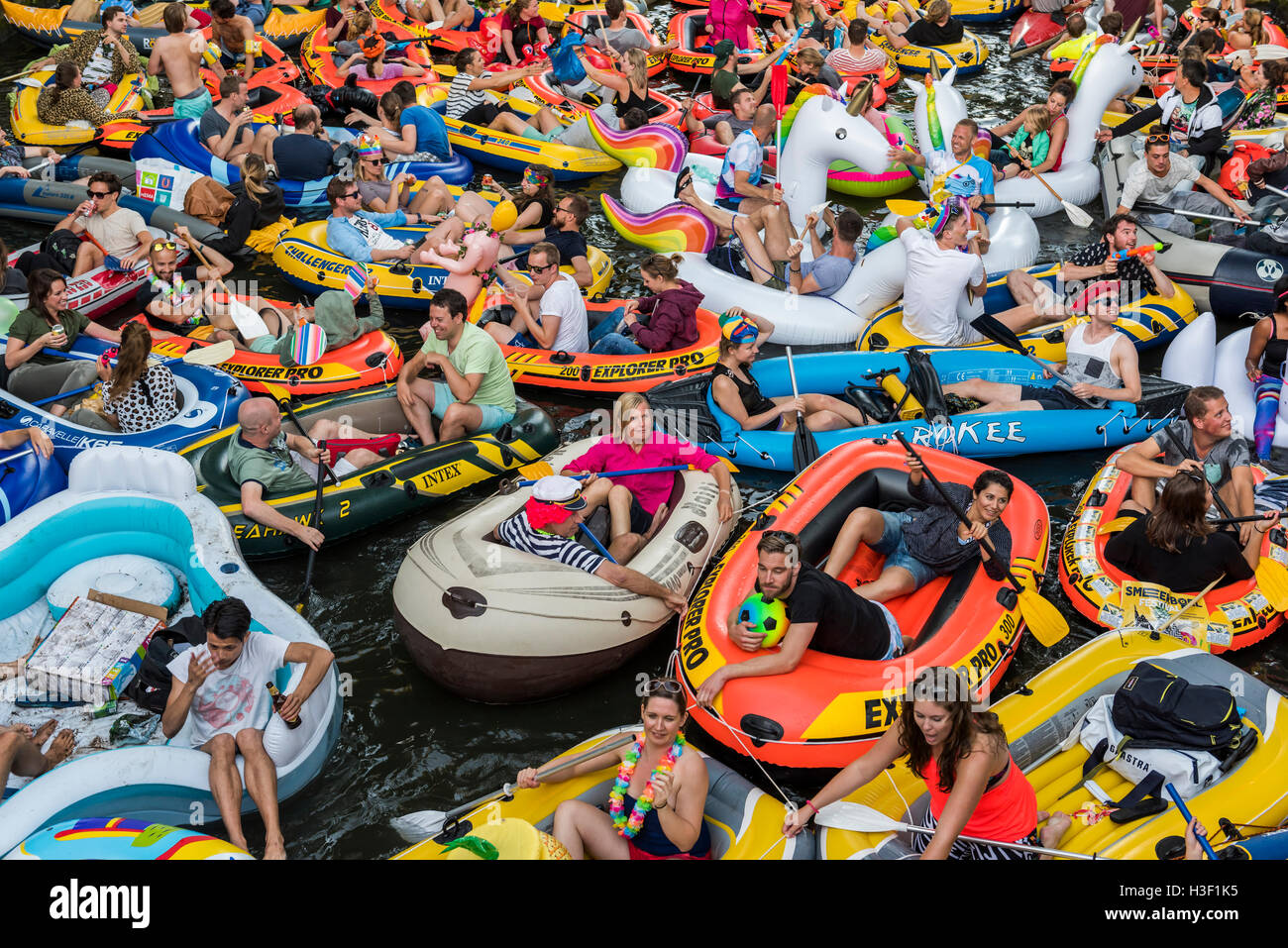 Utrecht, The Netherlands - August 6, 2016: People at Rubber Boat Mission in Utrecht, world record, The Netherlands. Stock Photo