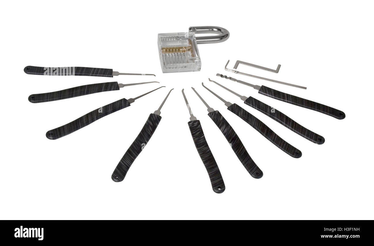 Learning Lock picking set tools used for picking a padlock - path included Stock Photo